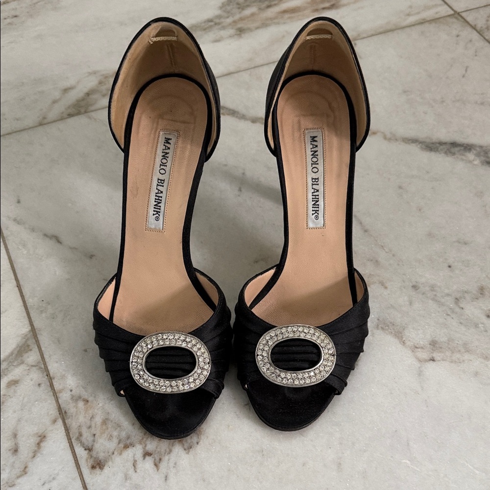 Manolo Blahnik Black Satin Heels with Crystal Oval Buckle